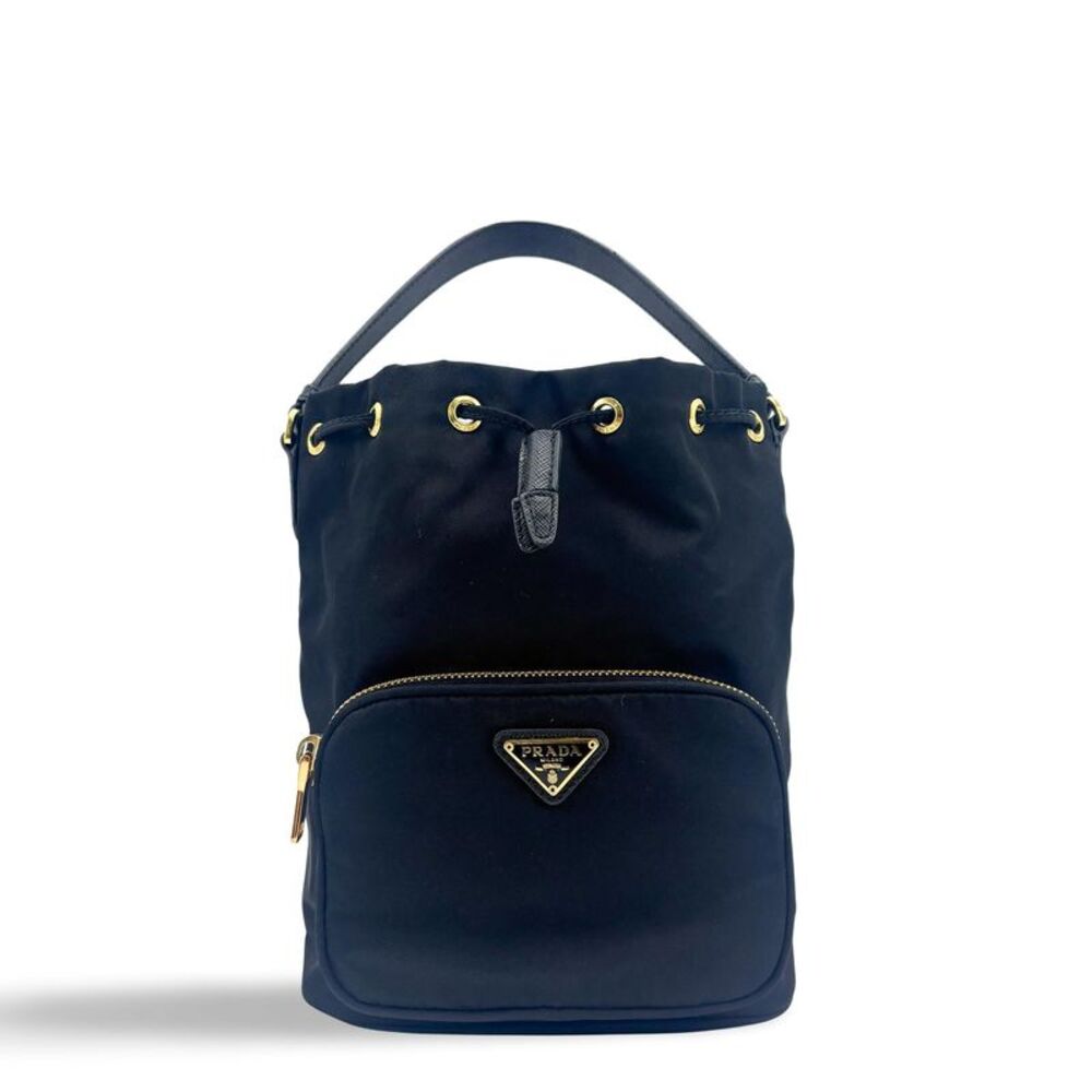 Prada Re-Ylon Duet Bucket Bag Black with Gold Hardware